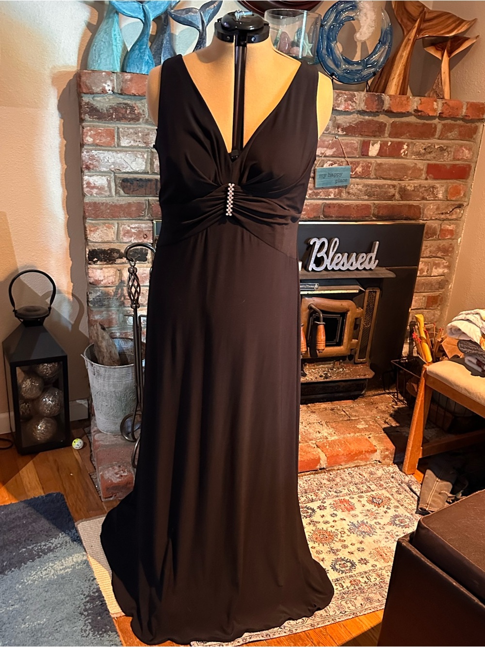 Betsy & Adam Black Maxi Gown with Rhinestone Accent